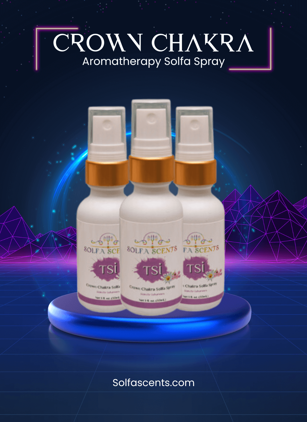 Discover  TSI crown chakra Essential Oil, a Premium Aromatherapy Blend infused with Pure Lavender Extract for Stress Relief and Deep Relaxation. Perfect for Diffusing, Massage, and Yoga. Available at Solfascents